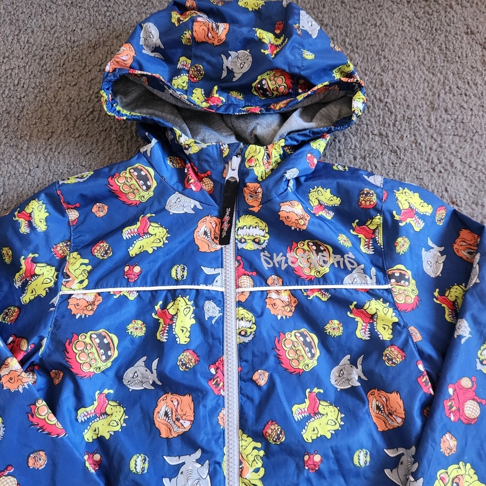 SKECHERS Kids Rain Jacket Size 7 Blue Monsters Hood Outerwear Full Zip - Picture 3 of 13